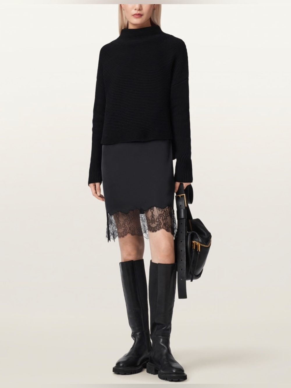 All Saints Black ELOISE 2-IN-1 JUMPER Sweater Lace Layer DRESS Set